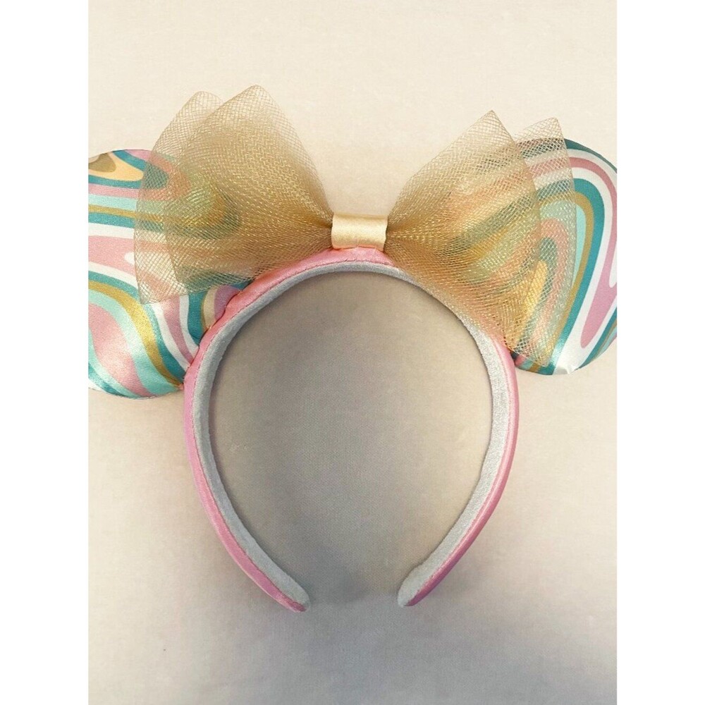 Disney Minnie Mouse Ears Headband Pastel Pink Green Swirl Rainbow Gold Bow Satin - Picture 4 of 5
